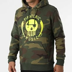 Sweat Capuche Camouflage Logo Vert Kaki Jaune Fluo de Piraterie Music