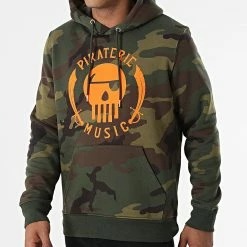 Sweat Capuche Camouflage Logo Vert Kaki Orange Fluo de Piraterie Music