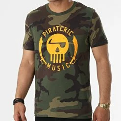 Tee Shirt Camouflage Logo Vert Kaki Orange Fluo de Piraterie Music