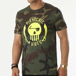 Tee Shirt Camouflage Logo Vert Kaki Jaune Fluo de Piraterie Music