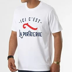 Tee Shirt Ici C'est La Piraterie Blanc Bleu Marine