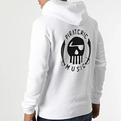 Sweat Capuche Logo Chest And Back Blanc Noir de Piraterie Music