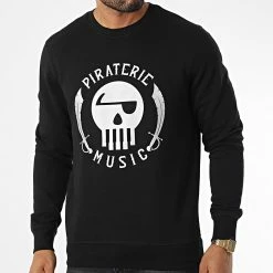 Sweat Crewneck Réfléchissant Logo Noir Argent de Piraterie Music