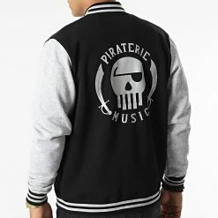 Veste Teddy Logo Réfléchissant Noir Gris Chiné de Piraterie Music